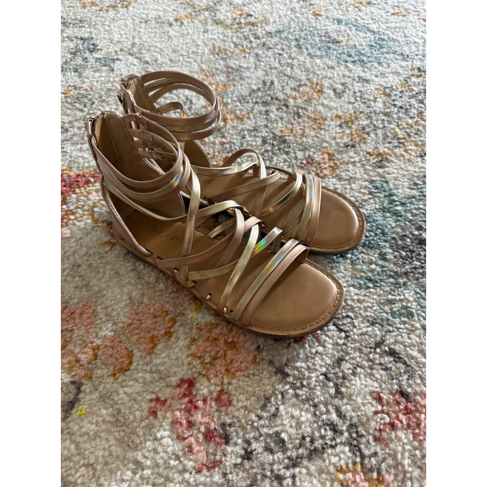 Cat & Jack Kids Gladiator Sandals Gold Holographic Strappy Size 1 Back Zip Flat